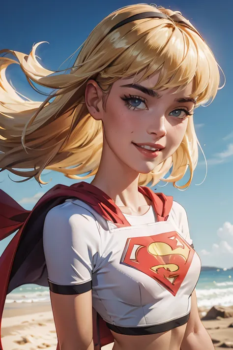 ((full body photo, standing))  supes, blonde hair, blue eyes, crop top, midriff,cape headband, red lips, looking at viewer, smil...