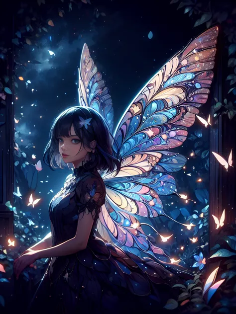 movie, fairy child, butterfly, forest, night, fantasy art, 8k, detailed, masterpiece, detailed background, detailed effect, ashb...