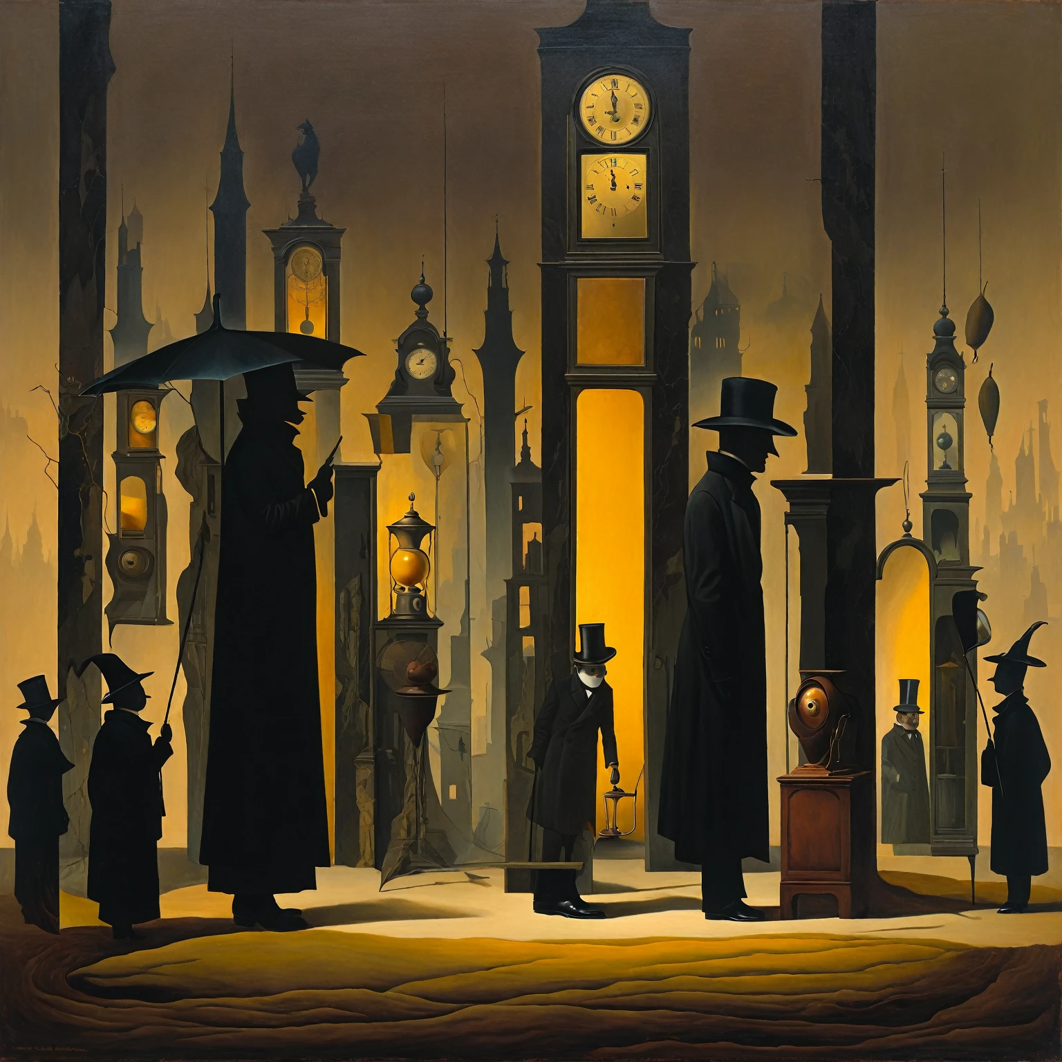 Oil painting in a combination of techniques and styles by Chris Van Allsburg, David Wiesner, Charles Adams, Mark Davis, Jacek Jerka, Vladimir Kusch, Lotte Reiniger, and Sean Tan. A surreal scene with creatures dressed in black suits and cylinders gathered in a square, around a large man with a cuckoo clock instead of a head, dressed in a costume of books. Around him are mirrors reflecting strange and unexpected images. An entity in a cylinder, with an entity in a yellow cloak holding an umbrella, approach them. A guardian - a caretaker with an eye-shaped head, wearing a trench coat and hat is watching intently. The background is a mysterious, twilight landscape of a dream-like city, with sparse and abstract cannabis-like vegetation, stunning digital art in the style of aesthetic surrealism with gothic elements. Dramatic lighting and textures of antique surfaces adding depth and mystery. The palette used includes golden ochre, malachite, natural sienna, azurite, vermilion, burnt umber and sepia to create a sense of vintage and magic.
