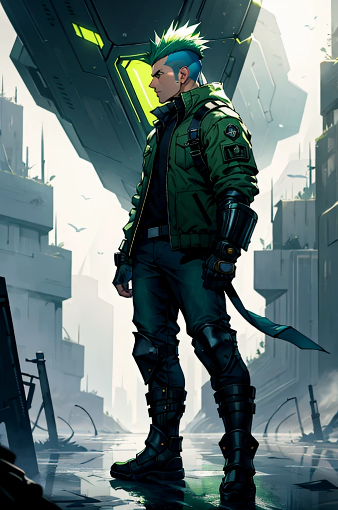 ,Futuristic, determined expression, short white mohawk hairstyle,
,Ripped green pants, green jacket with protective armor, fingerless gloves, elbow pads, shin guards,,Standing, forward gaze, side view,,High-tech, dystopian background, dim lighting, cool tones,,Front view, wide-angle lens, moderate depth of field, even exposure,Focused, intense,  Soft shadows, reflective surfaces,Gritty textures, futuristic tech.