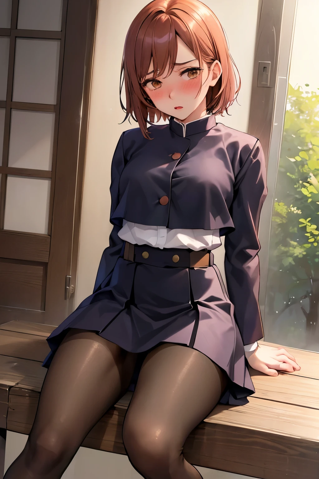 (Highest quality:1.2),  alone, nobarakugisaki,1girl,
gakuran,cropped jacket, belt,high-waist skirt, pantyhose、(blush:1.1), Embarrassing, View your viewers、((Photo from below))、((pantyhose))、sit