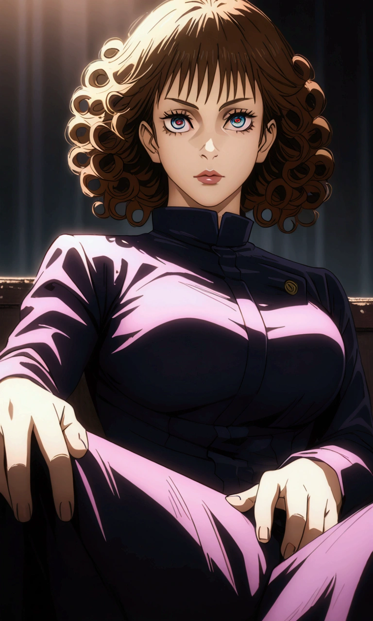 (animerealism:1.2), a brunette girl with curly hair and large breasts sitting with legs stretched out, jujutsu kaisen uniform, detailed anime art, beautiful detailed eyes, beautiful detailed lips, extremely detailed face and features, long eyelashes, photorealistic, 8k, high quality, intricate details, vivid colors, cinematic lighting