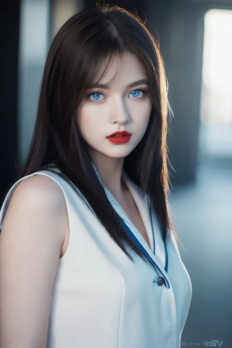 (raw photos:1.2), (realistic:1.4), (Masterpiece:1.3), (best quality:1.4), Ultra high resolution, HDR, 8K resolution, 1 girl, alone, Ulzzang-6500-v1.1, Very long black hair, Model photo poses, (blue blue eyes), (glowing eyes), (Pale skin:1.2), red lips,Brown eyes, White business uniform, white dress,  (Fractal:1.3), 