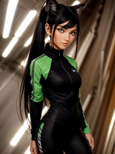 (best quality), 1girl, female, tanned skin, black hair, high ponytail, side swept bangs, long hair, green eyes, perfect eyes, ru...