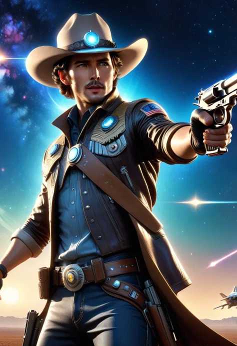 (best quality,4k,8k,highres,masterpiece:1.2),space cowboy，ultra-detailed,realistic,galaxy,interstellar,1man，detailed eyes,detail...