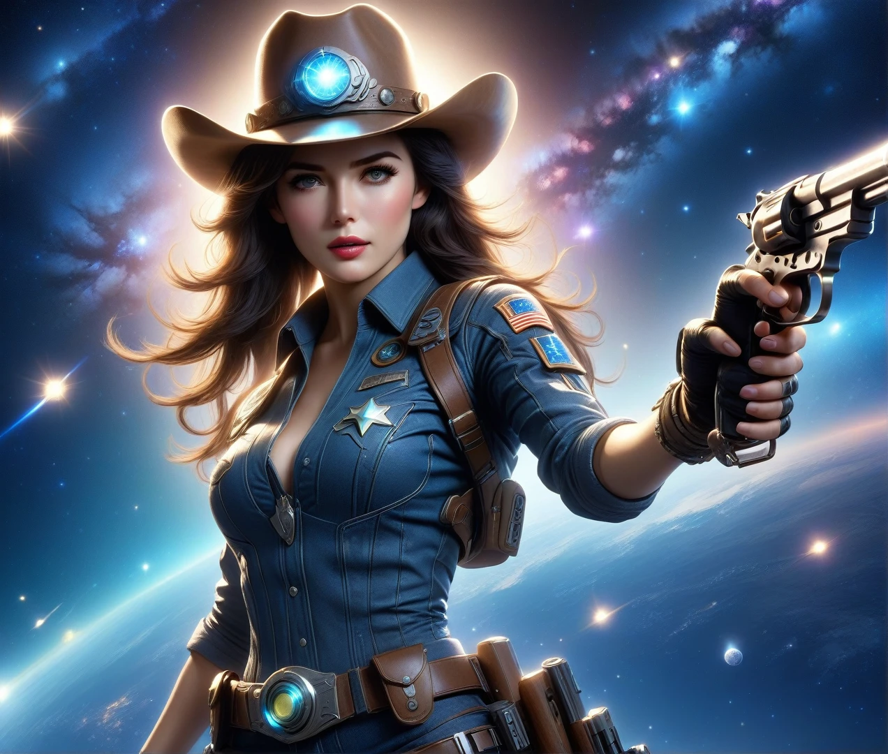 (best quality,4k,8k,highres,masterpiece:1.2),Space cowgirl，ultra-detailed,realistic,galaxy,interstellar,1man，detailed eyes,detailed lips,cowgirl aviation outfit,cowgirl hat,technological clothing,light-emitting outfit.(((Hold a gun in both hands，aim)))，Correct human anatomy，body movements，Motion capture