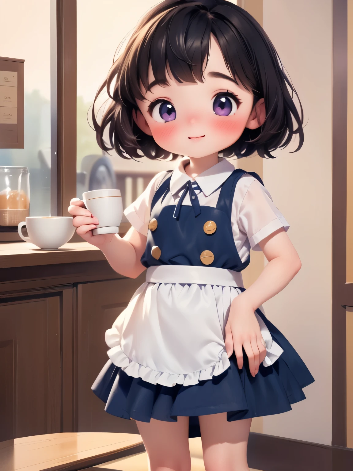 (from the front), Fisheye Lens, の美しい1 personの少女，1 person、Very low length:1.3，Small breasts, (Kneel on the table), (Spread your legs), (Pee in a cup:1.3), Convenience store cup, (Classic puffy short sleeve ruffled blouse), (Short mini skirt in dark blue,), (Navy blue maid apron), (Button-down shirt), Name tag，(Neck Ribbon Button Gap)+ Very thin thighs:1.3，loafers, Place your arms behind your back, (View your audience:1.5), (Embarrassing:1.3), (A shy smile), (vapor:1.4), (Girl trembling with sexual climax:1.3), Medium Hair, Black Hair, Bob Hair, Glowing Skin, (coffee shop), (Coffee Server)，window, morning, (crowd:1.3), (masterpiece, Highest quality, High resolution:1.3), Perfect Anatomy，