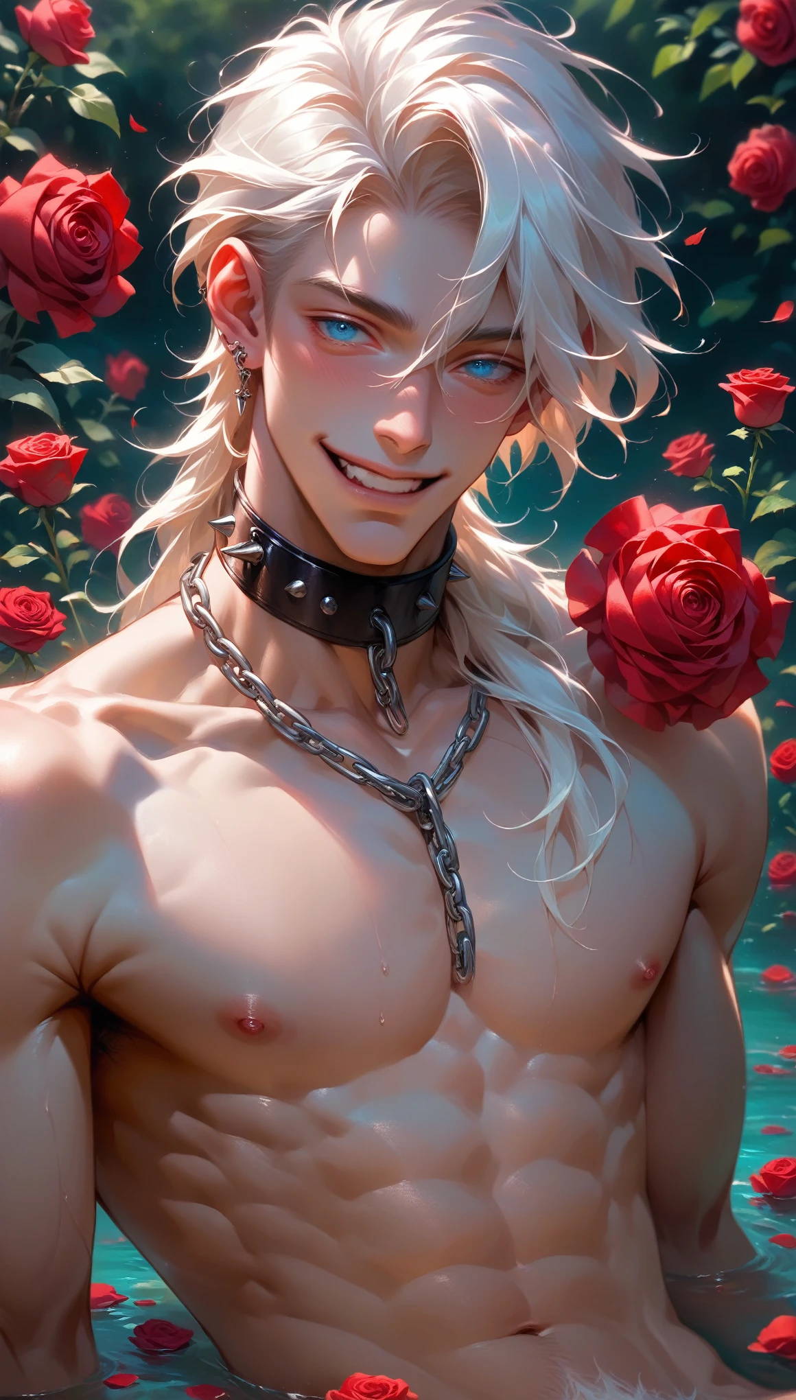 beautiful and skelt young man blue eye blond white hair half body shot, red roses in the background, twink, piercing, neck chain, sharp blue eye, naked body, niple piercing, erected niples, happy face, six pack pubic hair, pubic hair,