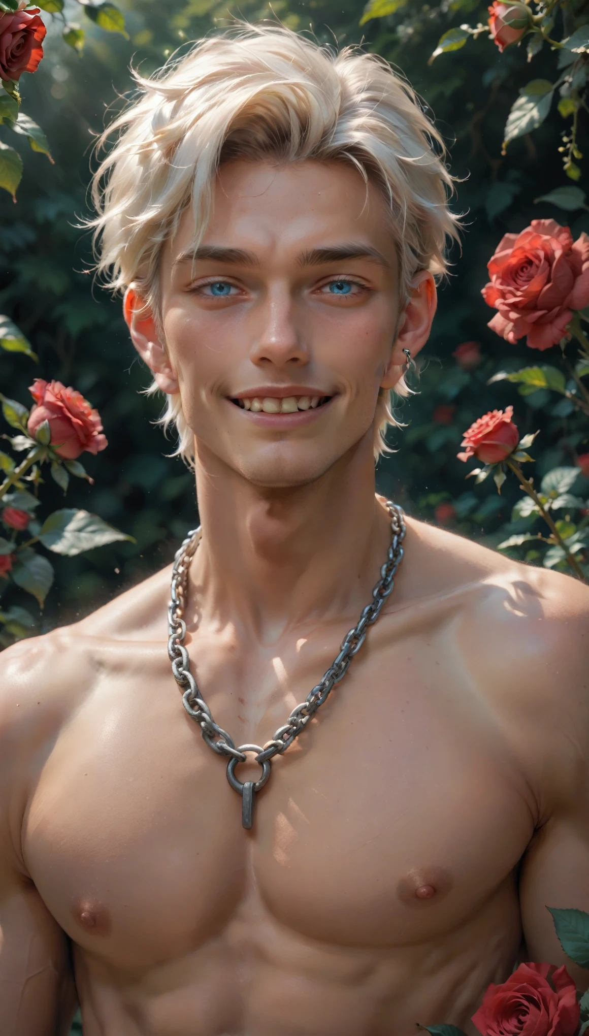 beautiful and skelt young man blue eye blond white hair half body shot, red roses in the background, twink, piercing, neck chain, sharp blue eye, naked body, niple piercing, erected niples, happy face, six pack pubic hair, pubic hair,