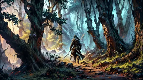 an assassin walking through a forest with a sword, hold sword in the forest, fantasy rpg book illustration, medieval fantasy gam...