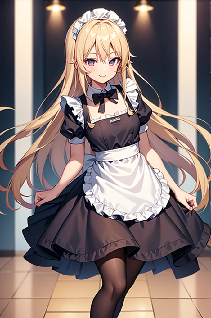 Thighs、smile、chest、Blonde、1 girl、solo girl、Maid clothes、maid dress、Leg spread、Black Pantyhose