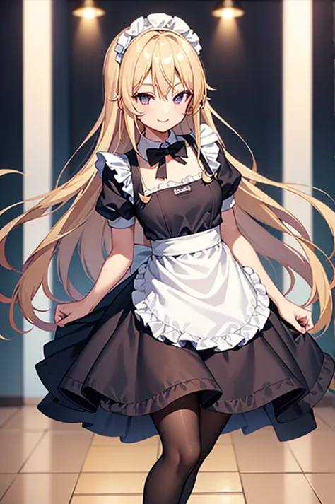 thighs、smile、chest、blonde、1 girl、solo girl、maid clothes、maid dress、leg spread、black pantyhose