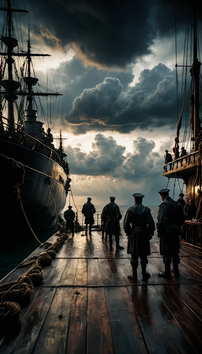 Depict a port scene with ships arriving from the Black Sea, with ominous clouds overhead and sick crewmen lying on deck, Cinematic background, hyperrealisti, ultra detailed hyperrealisti, photorrealistic, studio lighting, Reflections, dynamic pose, cinematic, historical accuracy, color grading, fot, Shot with a 50mm lens, Ultra-wide angle, Depth of field, 超detailded, beautifully color-graded, 8k