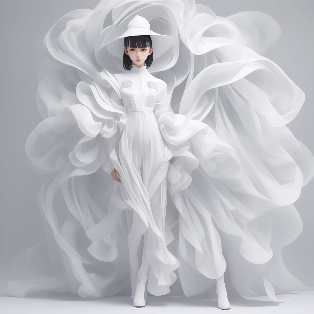 (masterpiece, top quality, best quality, official art, beautiful and aesthetic),solo,1girl,dark white dress,white bodysuit,white hair,light smile,(full body:1.4),frills,standing,hood,hat,abstract dark gray backdrop,bangs,legs,white stocking,high wheel shoes,small breasts,a model wearing haute couture monochrome overall in (issey miyake) style,by rinko kawauchi,zen-inspired masterpiece portrait,(detailed fiber texture),pleats,deconstruction,layers,editorial photo,