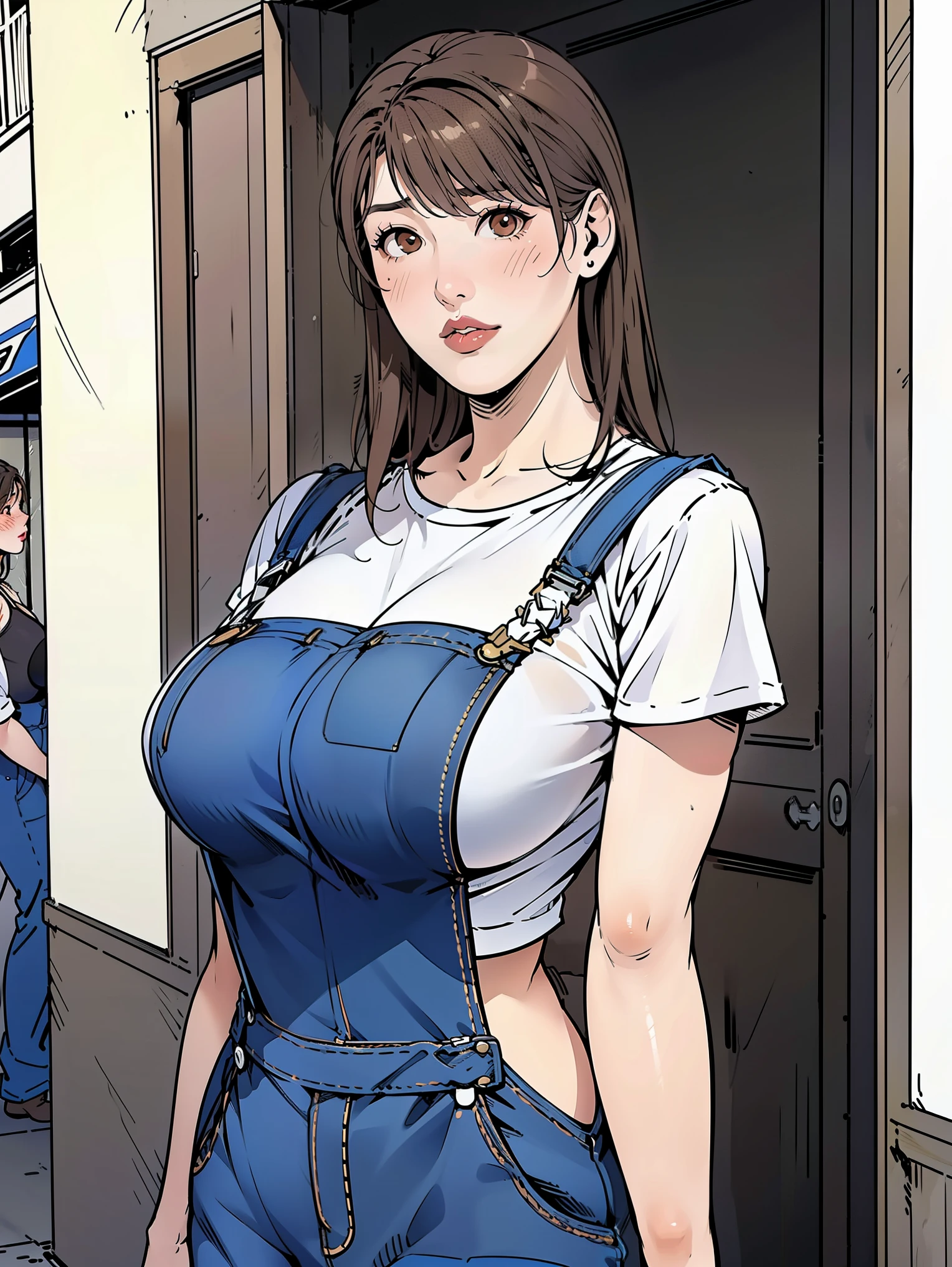 (masterpiece, Highest quality:1.2), One Girl, alone, whole body, Big Breasts,, Brown Hair,Big Breasts, Brown eyes, Mature Woman, blush, , she is standing on the street,whole body, Brown Hair, lipstick, Denim overalls、((High quality fabric, Denim overalls)), ((Short length)), White skin, 