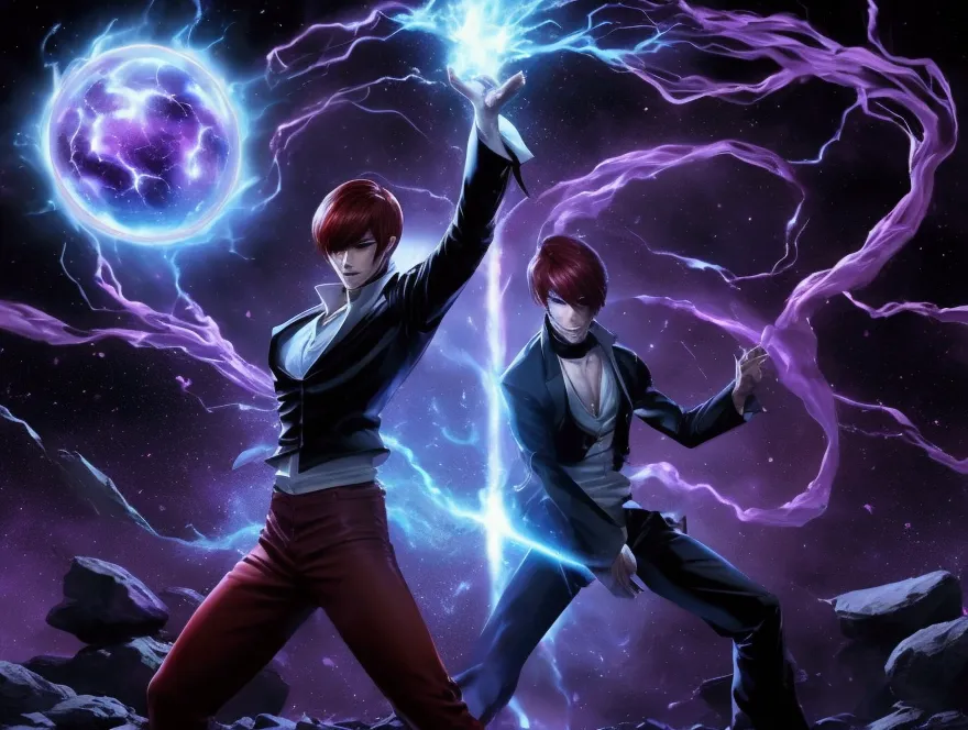 a male character iori yagami  in an intense fighting stance, channeling mystical energy. the character has red hair styled forwa...