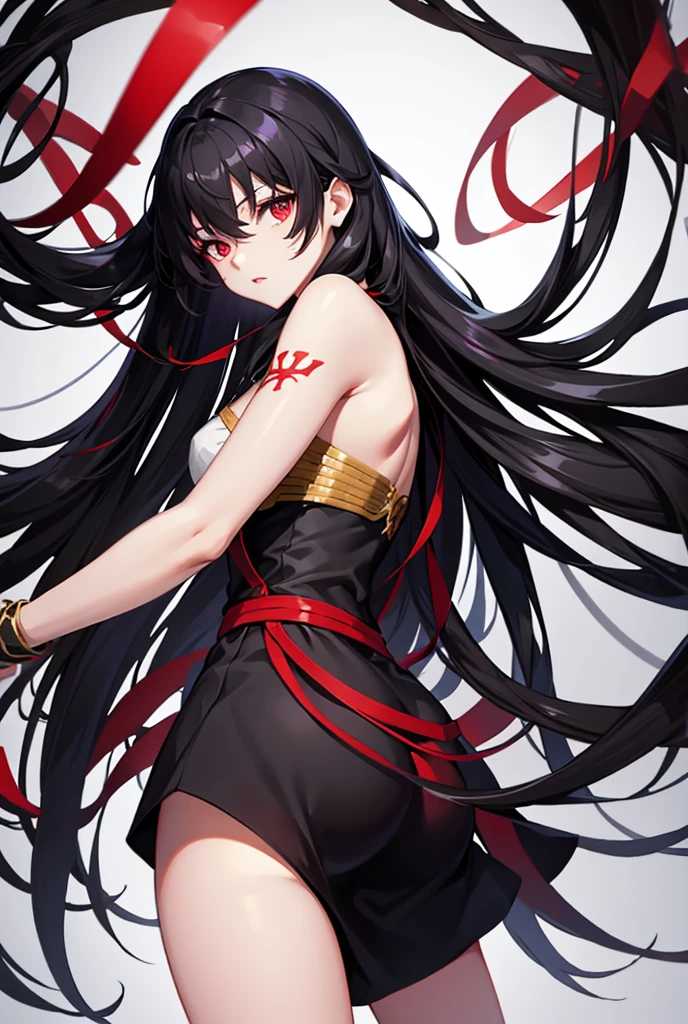 Make her have black hair, red eyes and a black dress. 