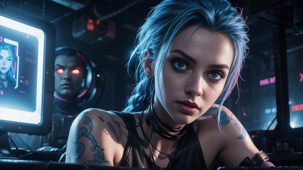 jinx,1girl,sitting in jail cell,surrounded by robots,angry expression,detailed facial features,detailed eyes,detailed lips,detailed hands,highly detailed,8k,photorealistic,cinematic lighting,dramatic shadows,gritty,moody,vibrant colors,sci-fi,cyberpunk, full body picture, full body