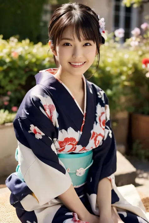 1 girl, (She wears a cute yukata:1.2), Very beautiful Japanese idol portraits, 
(RAW Photos, Highest quality), (Realistic, Realistic:1.4), (masterpiece), 
Very delicate and beautiful, Very detailed, 2k wallpaper, wonderful, finely, Very detailed CG Unity 8K wallpaper, Very detailed, High resolution, Soft Light, 
Beautiful detailed girl, Very detailed目と顔, Beautiful and sophisticated nose, Beautiful and beautiful eyes, Cinema Lighting, 
(Fashion magazine photography:1.3), (Outdoor), (Relaxing in the garden of an old French townhouse:1.3), (Colorful flowers), 
(short hair), 
Complete Anatomy, Slender body, Small breasts, smile