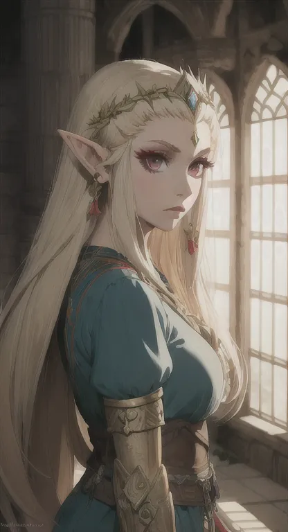 ancient hylian, devine heroine, princess hylia, blonde, red eyes, glaring at viewer, ancient devine armor, long messy hair, anci...