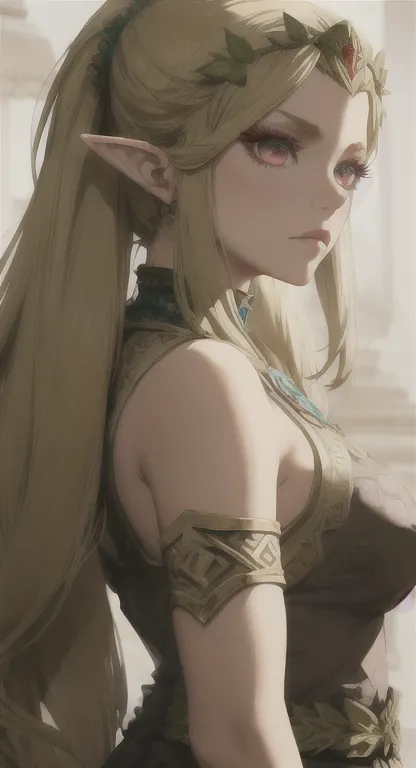 ancient hylian, devine heroine, princess hylia, blonde, red eyes, glaring at viewer, ancient devine armor, long messy hair, anci...