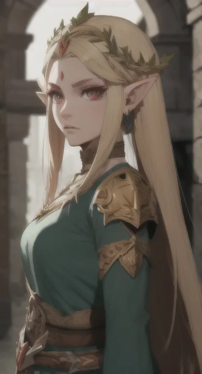 ancient hylian, devine heroine, princess hylia, blonde, red eyes, glaring at viewer, ancient devine armor, long messy hair, anci...