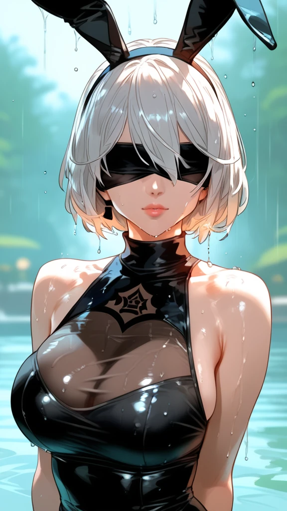 score_9, score_8_up, score_7_up, 1girl, solo, breasts, long hair, dress,bare shoulders, medium breasts, closed mouth, bunny ears, upper body, white hair, sleeveless, mole, blurry, black dress, lips, wet, depth of field, blurry background, turtleneck, phone, wet clothes, mole under mouth, facing viewer, rain, water drop, wet hair, yorha no. 2 type b, blindfold 