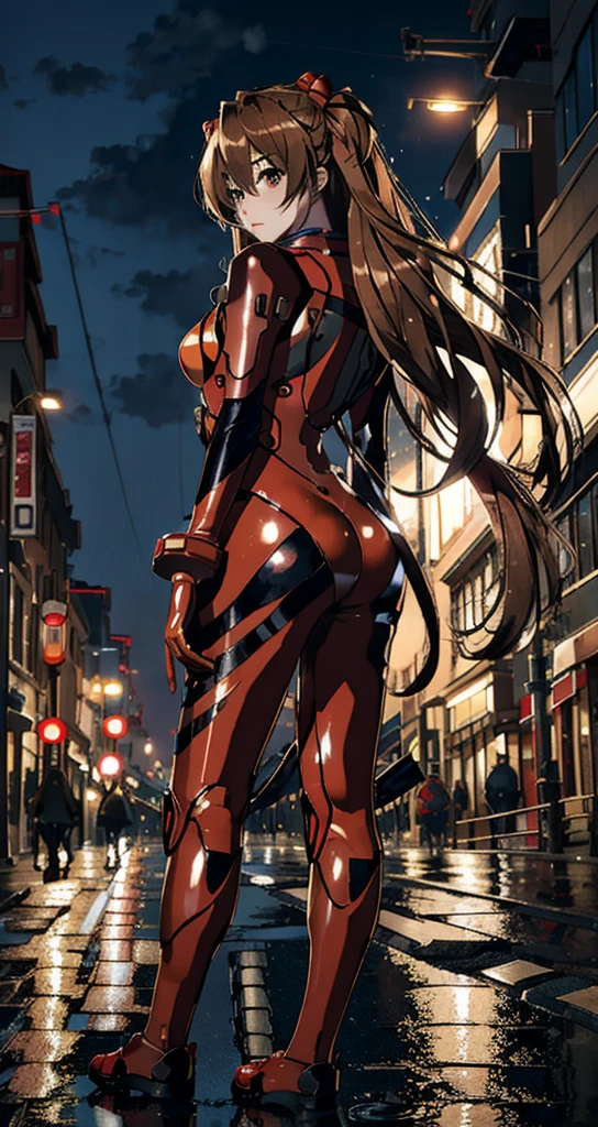 best quality, masterpiece, realistic, photorealistic, 1girl, solo, looking at viewer, full body, standing, long hair, asuka cosplay costume, cosplay, plugsuit, bodysuit, hair ornament, detailed background, in street, night, light, rain, 