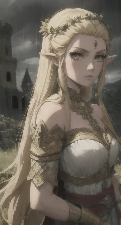 ancient hylian, devine heroine, princess hylia, blonde, red eyes, glaring at viewer, ancient devine armor, long messy hair, dest...