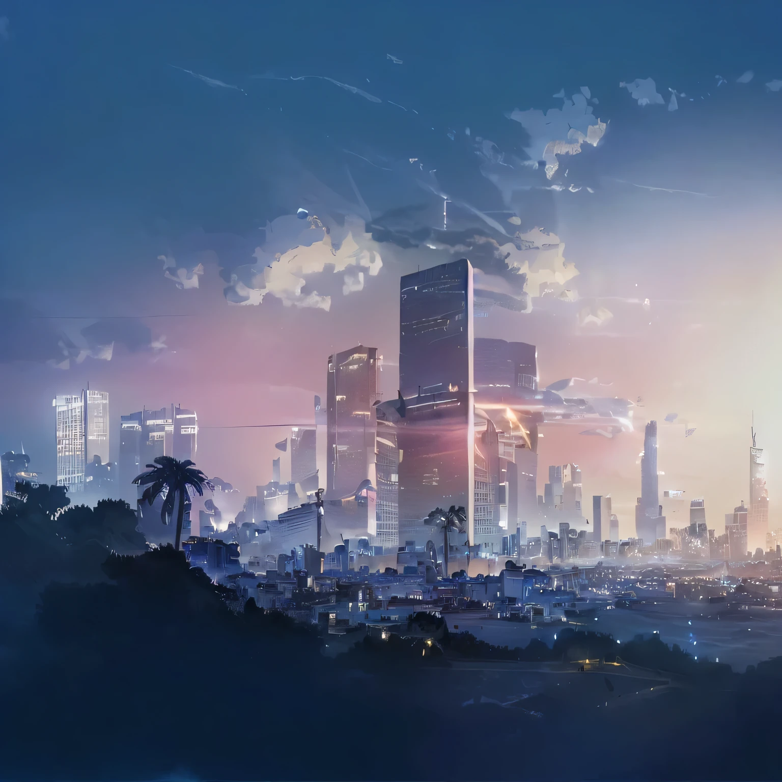 Animated city with skyscrapers and palm trees in the foreground, Concept Art Wallpaper 4K, digital Concept art illustration, 8k HD Wallpaper Digital Art, Futuristic Digital Painting, Concept art illustration, 4k HD illustration wallpaper, 4k HD wallpaper illustration, Concept Art Digital Illustration, Concept Art Style, Futuristic cityscape, Cyberpunk dream world, Bastien Grivet