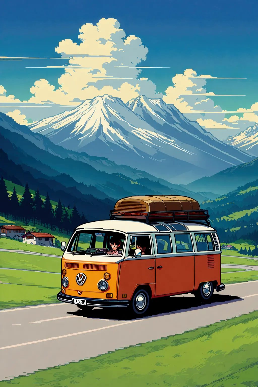 a red volkswagen kombi, retro, van, vintage. swiss alps, tall trees, summer, evening, bonfire, volkswagen pickup truck. a road w...