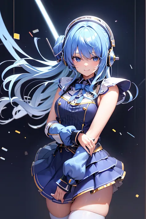 mecha wings、white and blue skirt、thighs、tights、chest、light blue hair、1 girl、solo girl、is、frame arms girl、alice gere aegis、blue a...