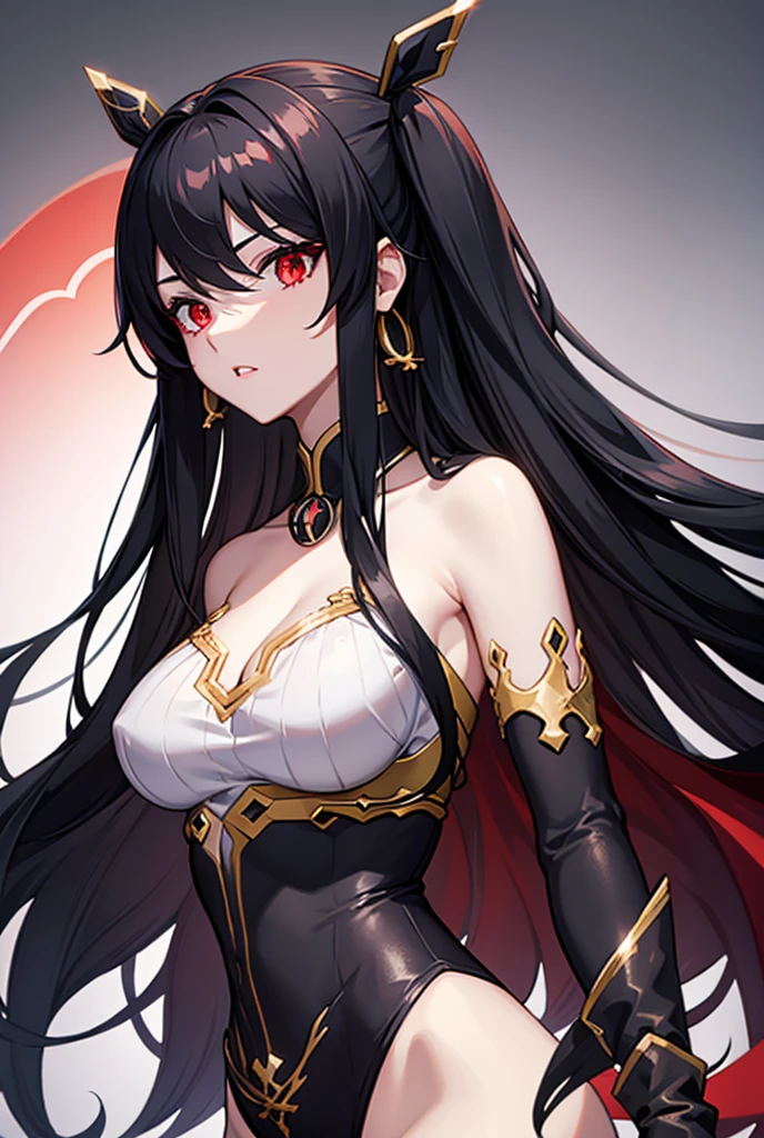 Make her with black hair and red eyes with big breasts 