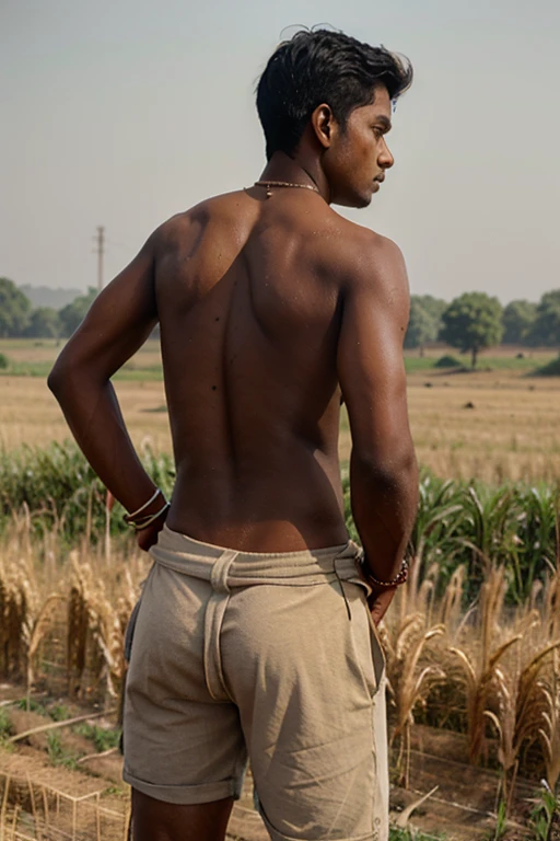 a tow south indian slim boys, in wheat fields, working as a slave worker, wearing nothing, showing his backside, standing position. sweating..