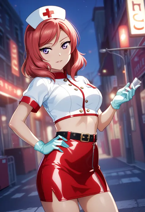 masterpiece, best quality, nishikino maki,red hair, medium hair, purple eyes , nurse, nurse cap, big breasts, red crop top, blue...