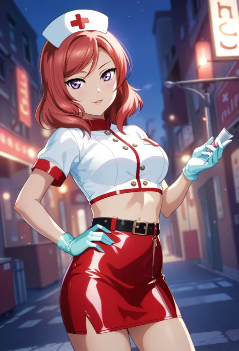 masterpiece, best quality, nishikino maki,red hair, medium hair, purple eyes , nurse, nurse cap, big breasts, red crop top, blue...