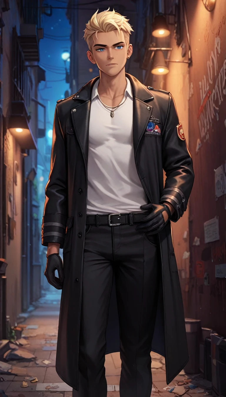 (uhd, masterpiece, anatomically correct, best quality, highres, score_9, score_8, score_7_upper, score_6_upper), Aerial view from the upper:1.3, male, Black Gloves, A flick of the knife in his right hand, Black trench coat, Black long pants, (The right bangs are hiding her eyes, Emotionless facial expression), There are shadows on the face, (Dark Back Alley, night, it&#39;s raining), Garbage and cardboard boxes are scattered around, (Fresh blood splatters diagonally towards the viewer:1.2)