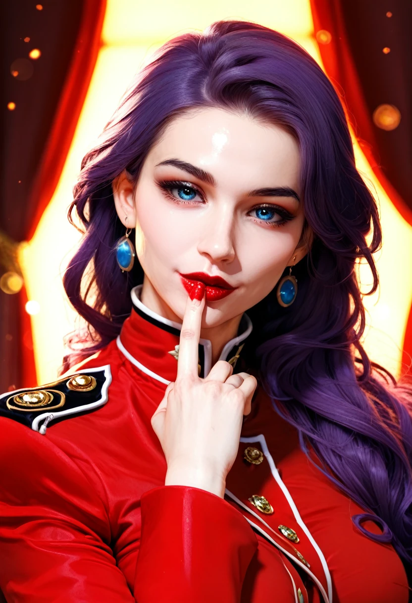 red uniform, pink military uniform, purple hair ,blue eyes, lipstick, long hair, 1 girl, 20yo,Young female, Beautiful Finger, Beautiful long legs, Beautiful body, Beautiful Nose, Beautiful character design, perfect eyes, perfect face, expressive eyes, looking at viewer, in the center of the image,(light_smile:0.5), official art, extremely detailed CG unity 8k wallpaper, perfect lighting, Colorful, Bright Front face lighting, shiny skin, (masterpiece:1.0),(best_quality:1.0), ultra high res,4K,ultra-detailed, photography, 8K, HDR, high res, absurdres:1.2, Kodak portray 400, film grain, blurry background, bokeh:1.2, lens flare, (vibrant_color:1.2) (Beautiful,large_Breasts:1.0), (beautiful_face:1.5),(narrow waist) BLOOD ELVES