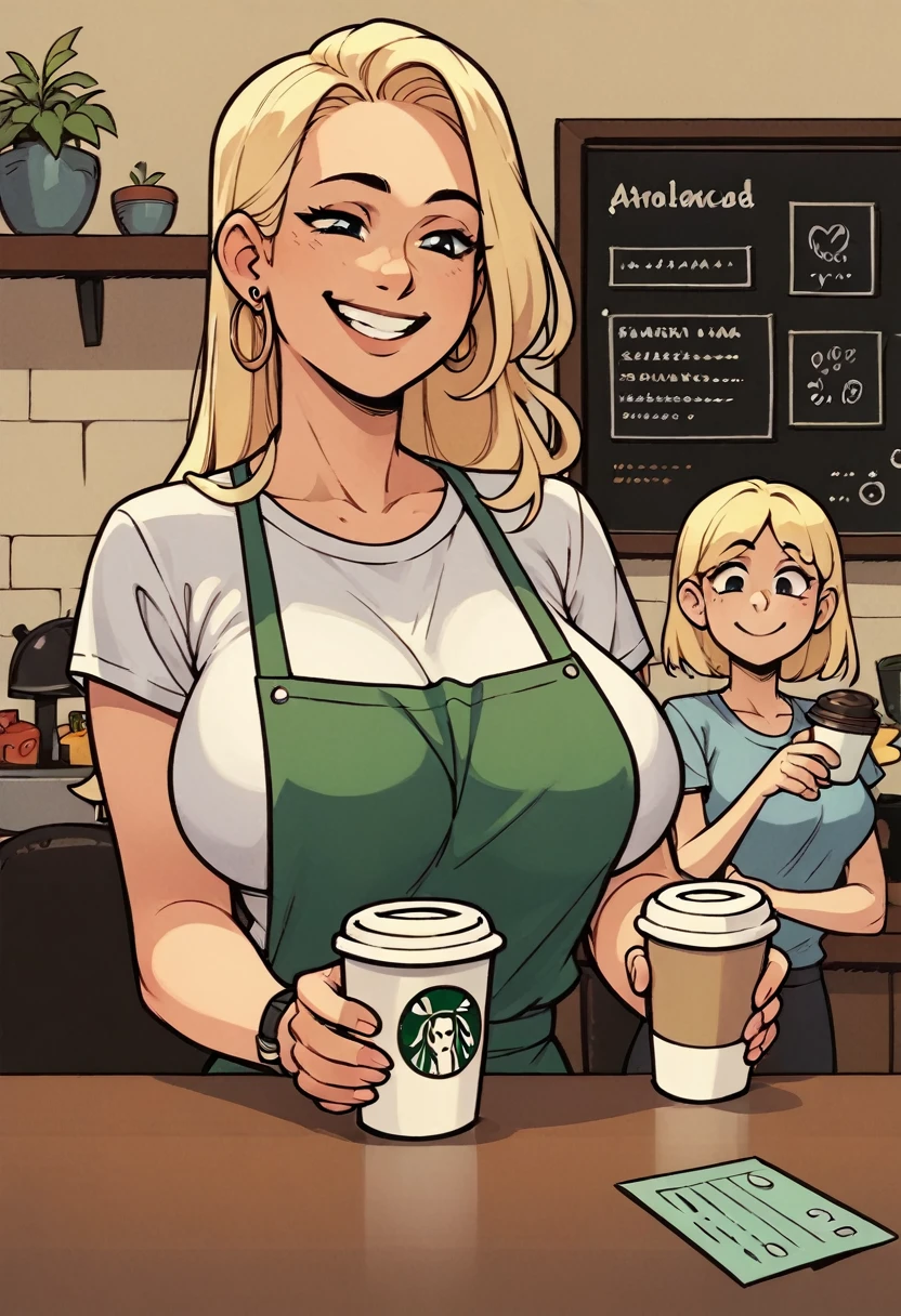 2 women with big breasts drinking coffee, inside a coffee shop, big neckline, smiling.