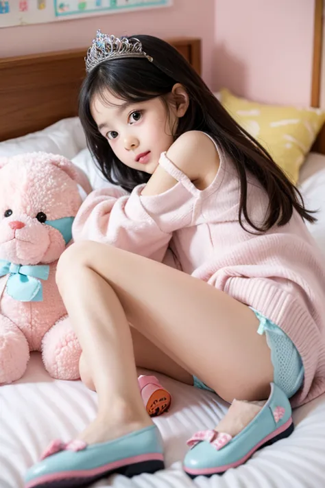 1st grade elementary school,1 person,princess baby face, Pretty and cute,pretty, panty shoes,bed,Child&#39;s body, Children&#39;s legs,lying down,Spreading legs, Full Shot, ,Full photo 