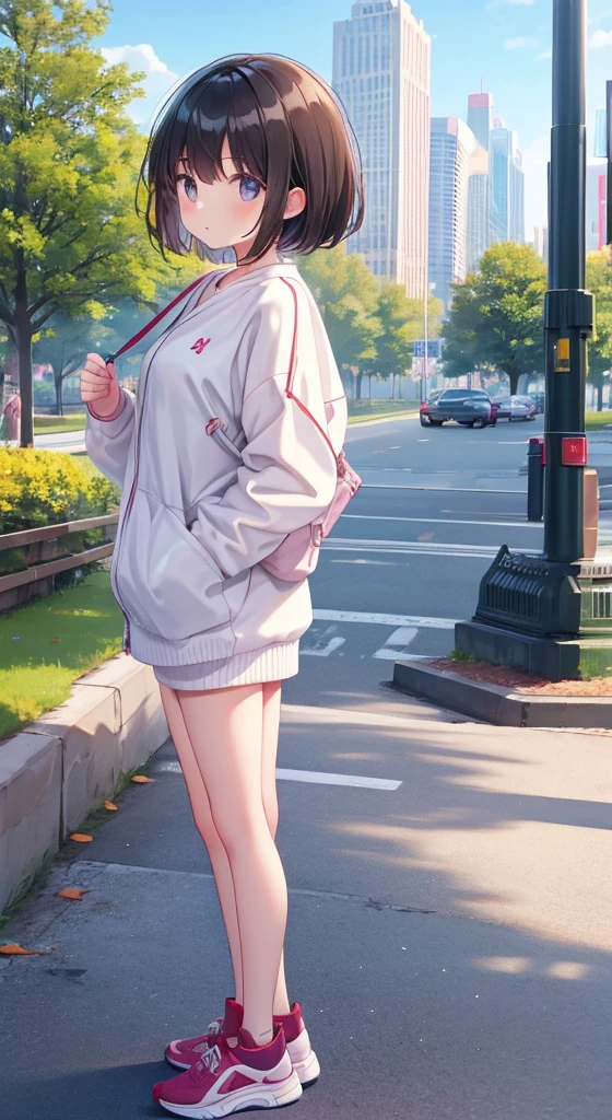 Park in the background、A girl walking in only sneakers、Completely naked