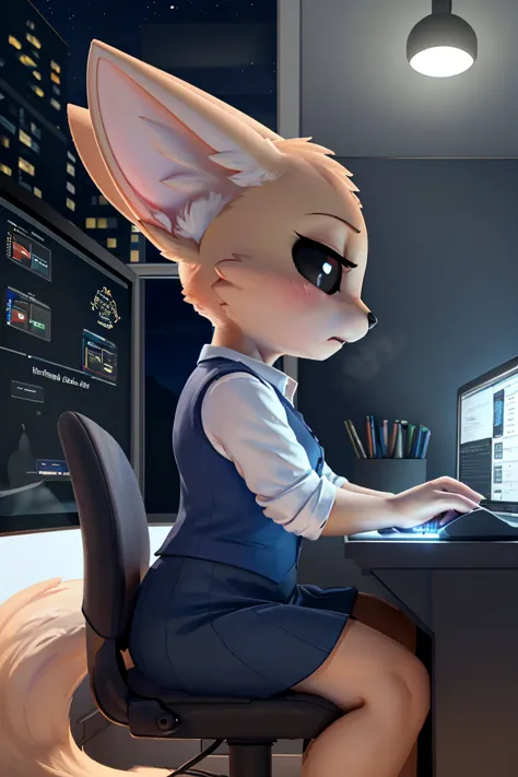 (8k, best quality, masterpiece:1.2), using computer, solo, 1 girl, fenneko, furry female, anthro, small breasts, ((black eyes: 1...