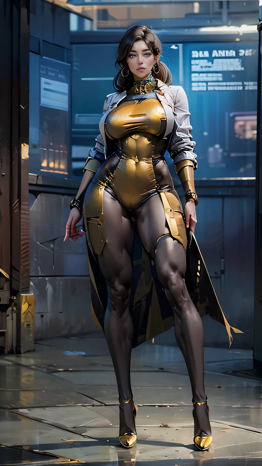 masterpiece, best quality, research scientist, full body standing, extremely busty, gold platform pumps, very long legs, large breasts, thicc, raytraced, tight gold plated black cybernetic bodysuit, hoop earrings, 1girl, brunette, cyberfusion, white lab coat draped over shoulders, orbital station command center background