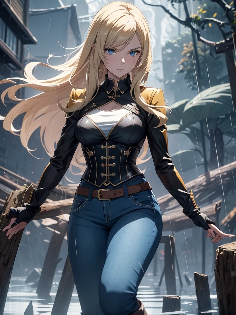 Modern anime-style digital painting of a 2 female teacher in a frontal view and action pose during an autumn day, soaked by rain with dramatic lightning in the background. She is 165 cm tall, with measurements of 91-61-81 cm, and has waist-length, wavy blond hair with V bangs and bright blue eyes. Emitting a golden aura, she stands dynamically with one leg raised on a fallen log. She wears a ruffled white blouse, a black corset, skinny tight blue jeans, and high black boots, all drenched by the rain. The scene is set against rich autumn foliage and vivid lightning, enhancing the intense and mystical atmosphere.