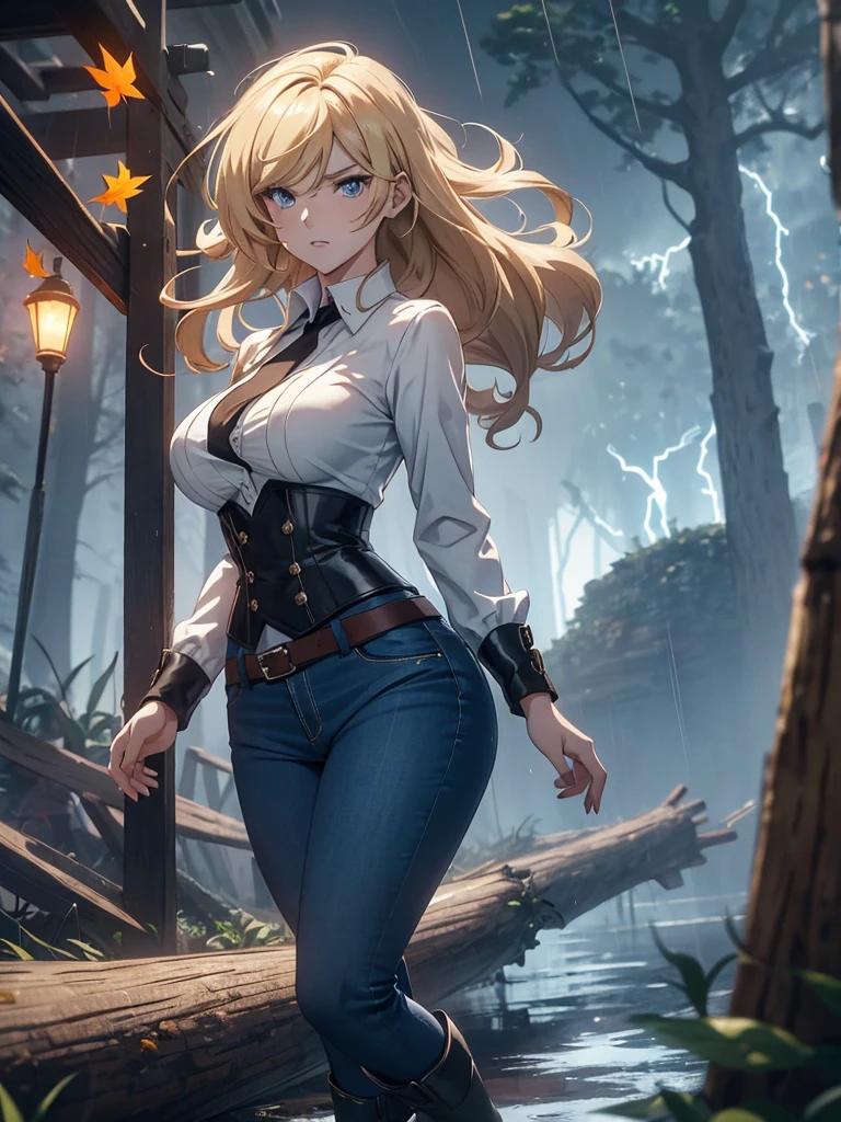 Modern anime-style digital painting of a 2 female teacher in a frontal view and action pose during an autumn day, soaked by rain with dramatic lightning in the background. She is 165 cm tall, with measurements of 91-61-81 cm, and has waist-length, wavy blond hair with V bangs and bright blue eyes. Emitting a golden aura, she stands dynamically with one leg raised on a fallen log. She wears a ruffled white blouse, a black corset, skinny tight blue jeans, and high black boots, all drenched by the rain. The scene is set against rich autumn foliage and vivid lightning, enhancing the intense and mystical atmosphere.