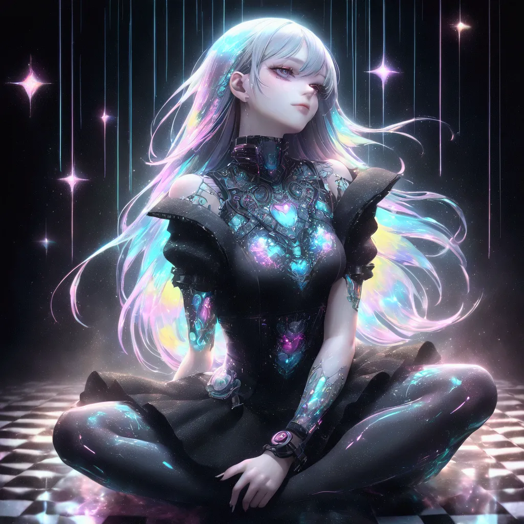 a close up of a woman with long hair sitting on a checkered floor, glitchpunk girl, epic 3 d abstract emo girl, dreamy cyberpunk...