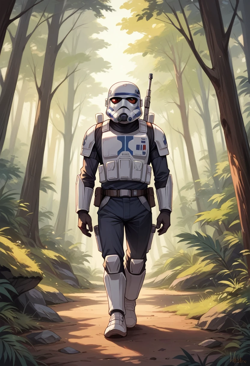 Star Wars stormtroopers walking through the forest