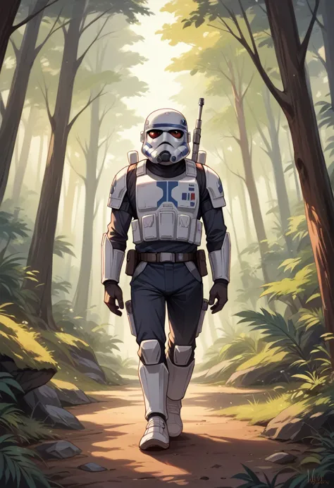 star wars stormtroopers walking through the forest