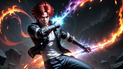 a male character kyo kusanagi  in an intense fighting stance, channeling mystical energy. the character has red hair styled forw...