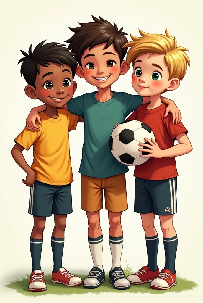 Garoto bonito A detailed illustration of three young soccer-loving friends standing together. João, a boy with medium brown skin, has short black hair and a joyful expression. Kauan, the tallest, has fair skin, short brown hair, and black eyes, with a calm and thoughtful demeanor. Emanoel, with fair skin, has bright green eyes and blond hair, and shows a more energetic expression. They are wearing casual sports clothes, standing side by side, holding a soccer ball, representing their strong friendship and love for soccere jovem